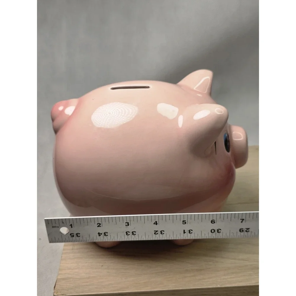 Vintage Mid Century Pottery Blush Pink Fat Belly Curly Tail Pig Piggy Bank